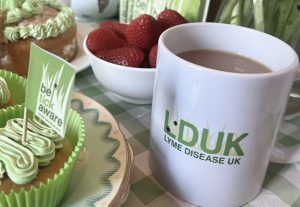 mug of tea in lduk branded mug with bowl of strawberries and green cupcakes