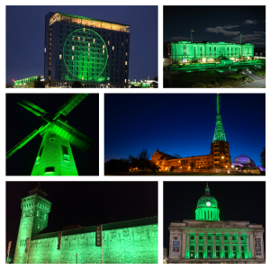 Landmarks lit up in green for Light Up for Lyme 2025.
