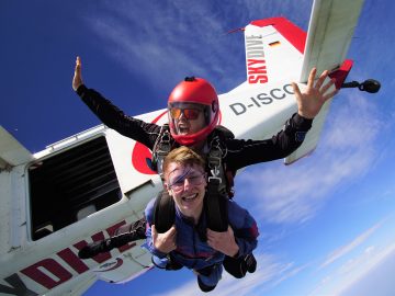 Tandem skydivers in free fall.