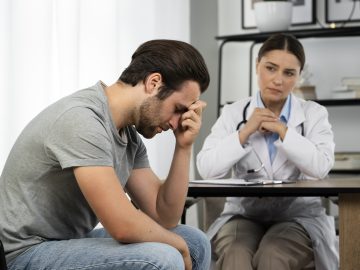 Male patient in female doctor's office looking unwell (Credit: freepik).
