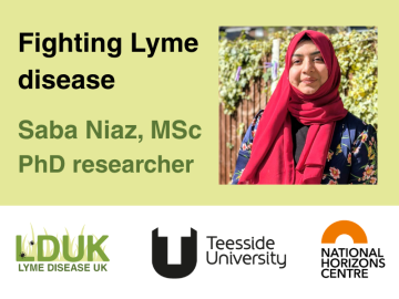 Fighting Lyme disease. Saba Niaz, MSc, PhD researcher (featuring headshot of Saba).